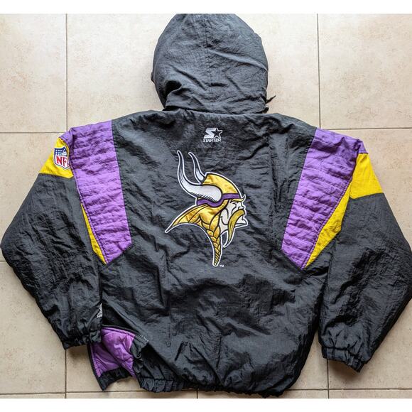 Minnesota Vikings 90s STARTER 1/2 puffer Pullover M blk purple NFL Pro vintage - Picture 3 of 5